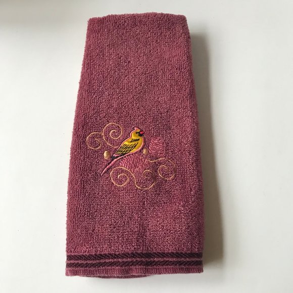 Vintage Oriole Bird Tea Towel Embroidered Hand Kitchen Bath Yellow Burgundy - Picture 4 of 14